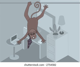 Illustration of an office monkey swinging from the ceiling. No gradients.
