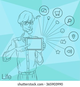 Illustration of office person showing tablet screen for presentation applications. Tools for remote working via mobile devices. Man with tablet pointing finger. Cloud services and technologies.