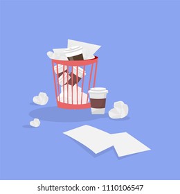 Ilustración de cubo de basura de plástico de oficina con papeles desmenuzados y tazas de café desechables usadas. Dibujo de estilo plano. Elemento gráfico aislado para el diseño en fondo violeta con sombra