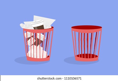 Illustration of office plastic trash can with crumpled papers and used disposable coffee cups. Cartoon flat style. Isolated graphic element for your design on violet  background with shadow