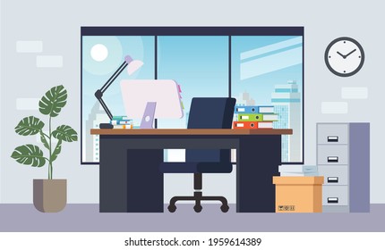 Illustration of an office room with tables, shelves and computers.