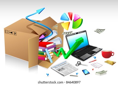 illustration of office stationery with notebook and pie chart splashing from carton
