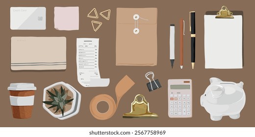 Illustration of office supplies: clipboard, pens, calculator, coffee cup, and piggy bank. Includes envelopes, tape, and paper clips on a brown background. Workspace elements vector set.