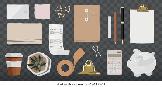 Illustration of office supplies: envelopes, pens, clipboard, calculator, coffee cup, and piggy bank. Office essentials for organization and productivity. Workspace elements vector set.