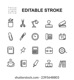 Illustration of Office Supplies Icons In Line Style. Contains Icons Such As Staples, Stationery, Clock And Many More.