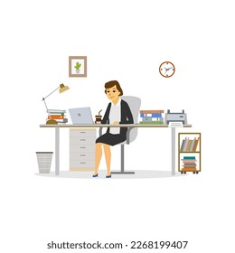 Illustration of an office woman workers at her desk looks so happy with white backgrounds, laptops, coffee cup, books, table lamps, printers, trash bins, bookcases, wall decorations and clocks