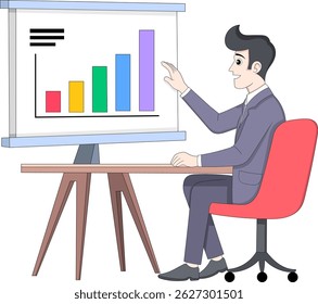 Illustration of an office worker analyzing market data on a large chart display. The professional is focused on data trends and business performance