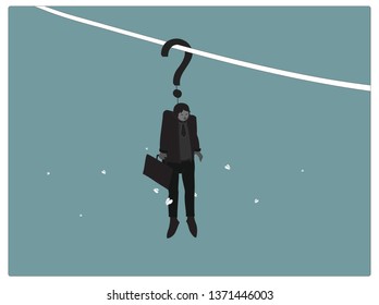 Illustration of a office worker or businessman hanging on the question mark,white butterflies flying around him