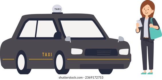 Ilustración de un trabajador de oficina llamando a un taxi con una aplicación para smartphones