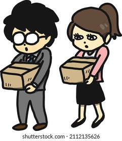 Illustration of an office worker carrying cardboard-packed luggage .