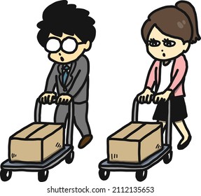 Illustration of an office worker carrying cardboard-packed luggage on a trolley.