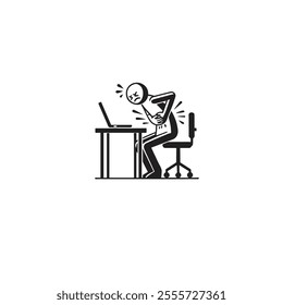 Illustration of an office worker hunching over a desk, experiencing back pain. Depicts workplace discomfort and posture issues common in modern office environments.