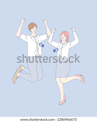 An illustration of an office worker jumping with an employee ID around his neck
