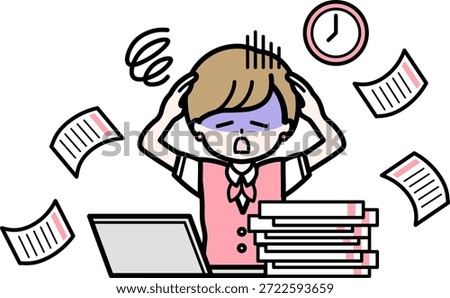 Illustration of an office worker overwhelmed by paperwork Simple image material depicting a woman working overtime