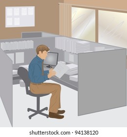 illustration of office worker personnel doing paper works  in his cubicle.