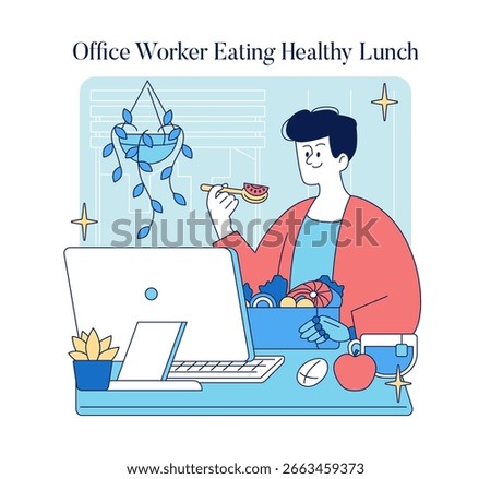 Illustration of an office worker taking a break to eat a healthy lunch with fresh fruits and vegetables at their desk. The character appears content and relaxed. Vector illustration.