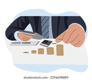 illustration of office worker working calculating income. office people analyzing business graphs. management investment