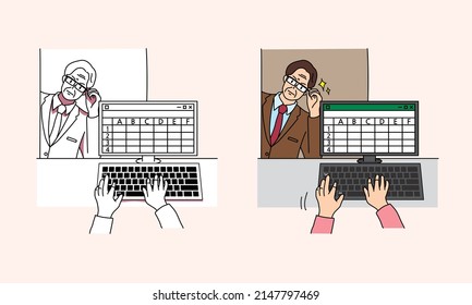 Illustration of an office worker working on documents and a supervisor watching the office worker. company life story
