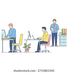 Ilustración de trabajadores de oficina en escritorios con computadoras y un colega de pie