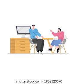 illustration of office workers discussing the workflow process
