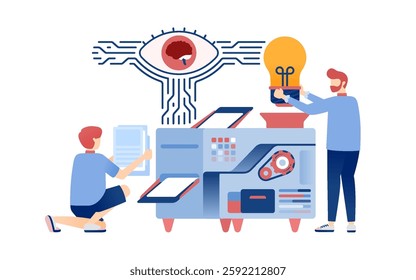 Illustration of Office Workers Harnessing AI and Learning Machines to Generate Innovative Ideas Easily, Featuring a Photocopier Duplicating a Lightbulb for Creative Spark.