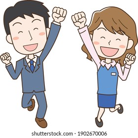Illustration of office workers men and women who are happy and jump