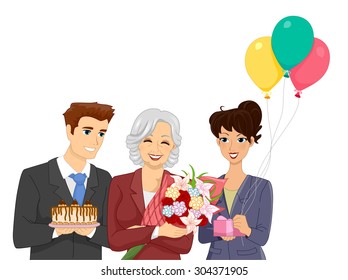 Illustration Of Office Workers Throwing A Retirement Party For Their Elderly Co Worker