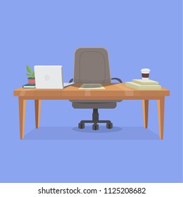 illustration of office working place. Includes: table, twisting chair on wheels, laptop, potted plant, book, stacks of paper and cup of coffee. Layered isolated vector image for your design project.