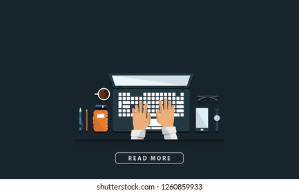 Illustration of Office Workspace Table Computer Business Flat Design Top View. Free Space Text