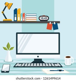 Illustration of Office Workspace Table Computer Business Flat Design