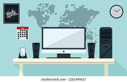 Illustration of Office Workspace Table Computer Business Flat Design