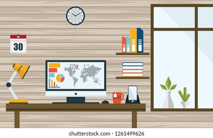 Illustration of Office Workspace Table Computer Business Flat Design