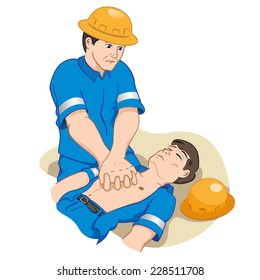 Illustration is an officer doing CPR on a fellow fainted trying to resuscitate him. perfect to tutorials relief and medical textbooks.