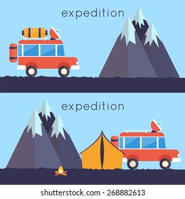 An illustration of off-road car on mountain road. Investigation untouched corners of nature. Hiking, travel, expedition. Travel by land. Outdoor Adventure. 2 banners. Vector illustration. Flat style.