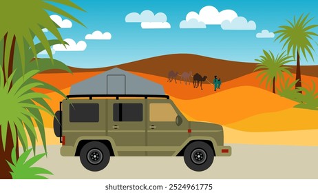 Illustration of an off-road vehicle driving in a desert with a roof tent. A caravan and palm trees can be seen in the background.