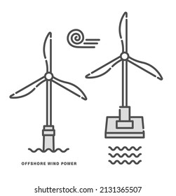 Illustration of offshore wind power and wind power generation. Icon set.