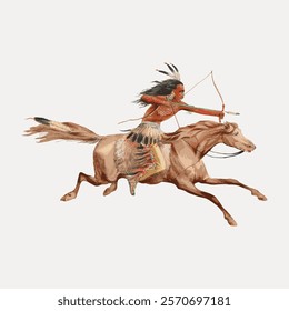 Illustration ofNative American warrior on horseback, aiming bow. The warrior rides swiftly, showcasing traditional attire and archery skills. Vintage art drawing illustration, painting art vector.