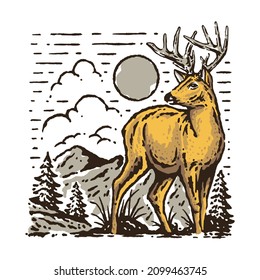 an illustration ofvintage deer adventure in wilderness