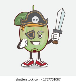 An illustration of Ogeechee Lime cartoon mascot character in pirate style and wearing hat and sword