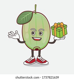 An illustration of Ogeechee Lime cartoon mascot character with a box of gift