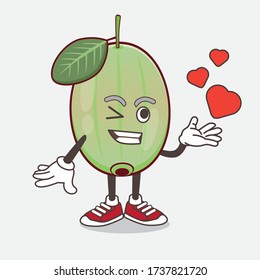 An illustration of Ogeechee Lime cartoon mascot character teasing with heart kiss