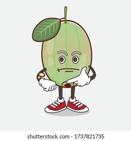 An illustration of Ogeechee Lime cartoon mascot character on a waiting gesture