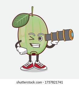 An illustration of Ogeechee Lime cartoon mascot character using a monocular