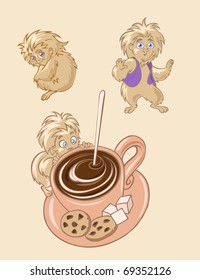 Illustration oh funny hairy brownie holding a cup of hot chocolate