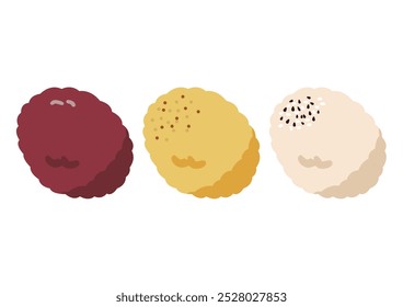 Ilustração de ohagi com pasta de feijão vermelho, kinako e sal de gergelim