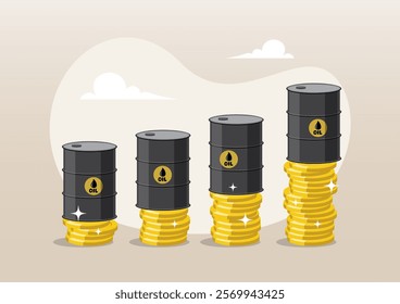 An illustration of Oil barrels on stacks of coins. Decrease of price of crude oil