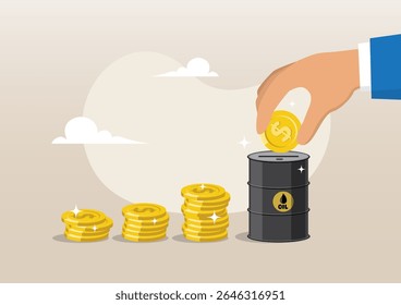 Ilustração de barris de petróleo em pilhas de moedas. Redução do preço do petróleo bruto