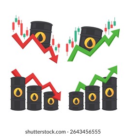 Ilustração de barris de petróleo com gráficos em ascensão e em queda, simbolizando tendências de mercado e flutuações econômicas na indústria petrolífera.
