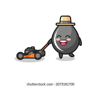 ilustración del personaje de la caída de aceite usando cortadora de césped , diseño de estilo lindo para camiseta, pegatina, elemento logo