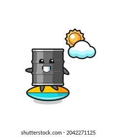 Illustration of oil drum cartoon do surfing on the beach , cute design